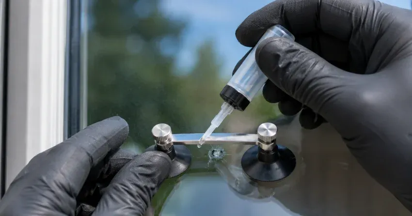 technician performing chipped glass repair on a window in Lansdowne, Brantford
