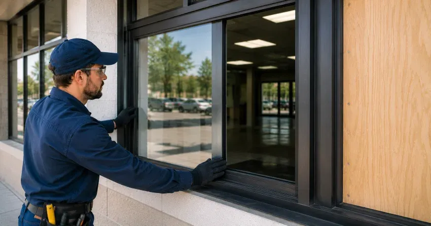 technician boarding a broken window after a break-in in Lansdowne, Brantford