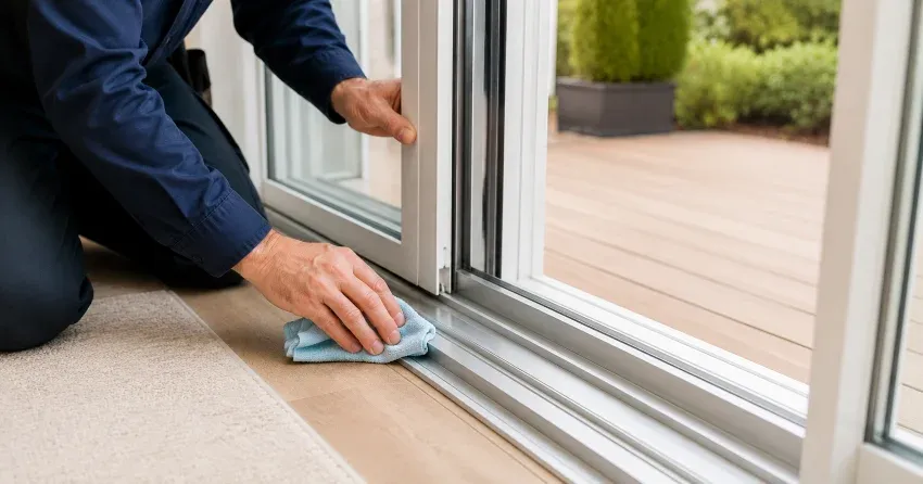 technician inspecting a sliding patio door track in Brantford
