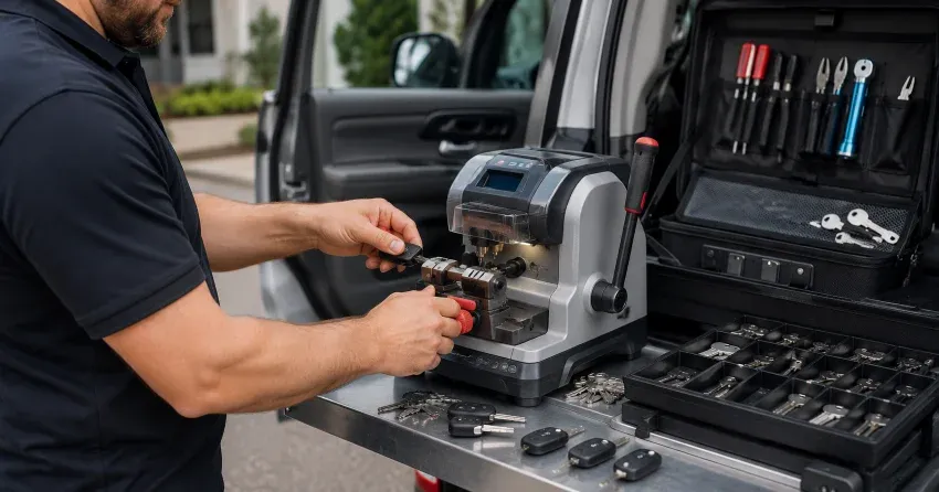 technician cutting a replacement car door lock key in Mayfair, Brantford