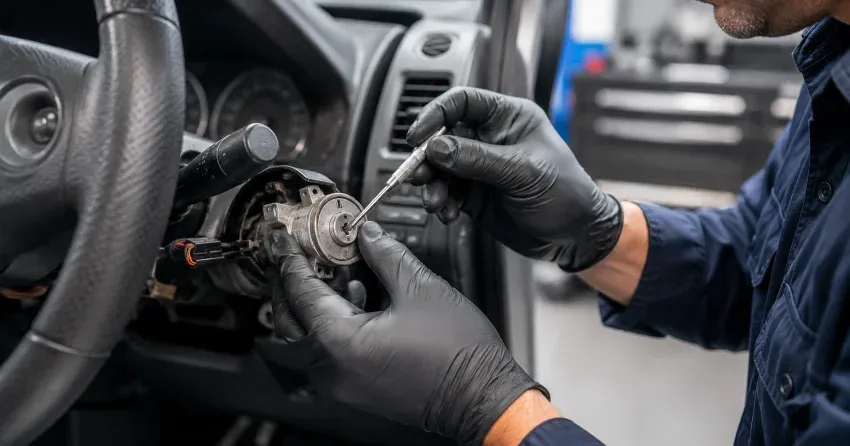technician diagnosing an ignition lock repair issue in Echo Place, Brantford