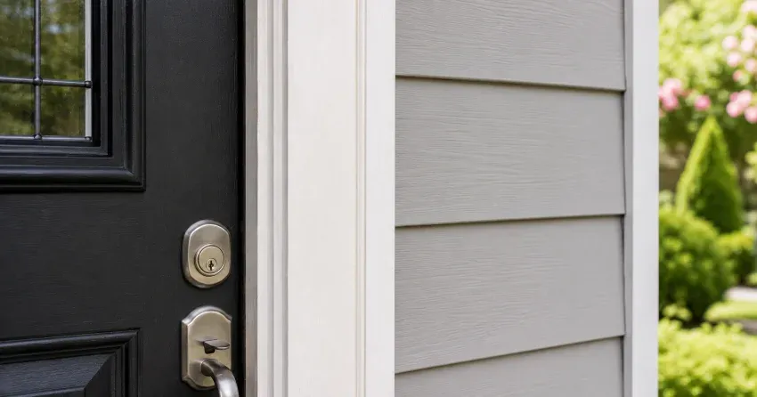 technician inspecting door jamb behind cracked casing in Lansdowne, Brantford home