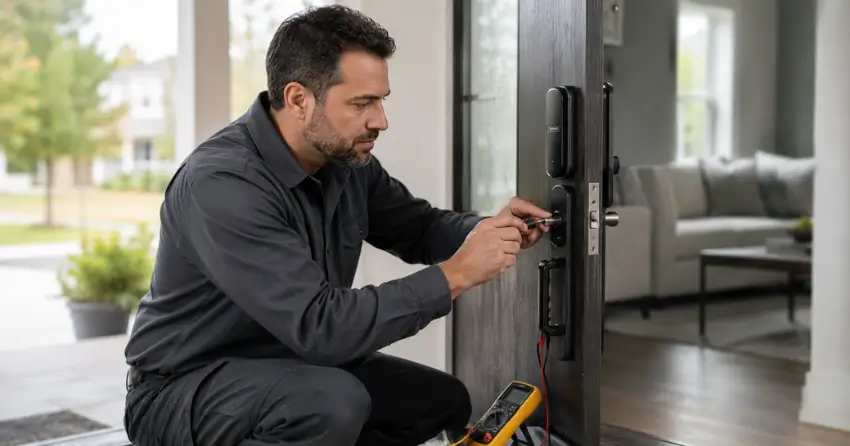 technician diagnosing automatic door lock mechanism on residential door in Myrtleville, Brantford