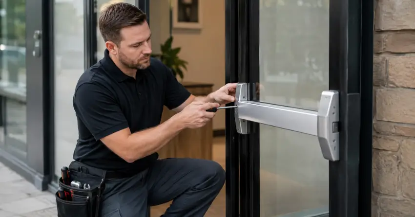 commercial locksmith repairing exit device on storefront door Fairview, Brantford
