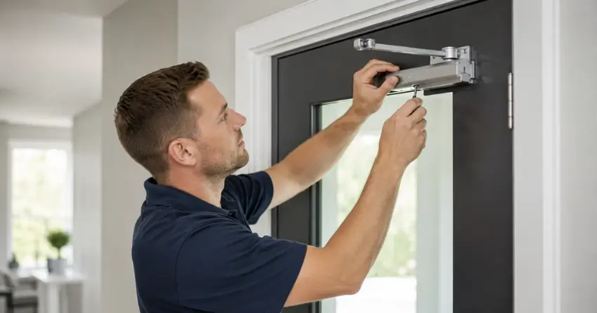 technician adjusting door closer hydraulic valve in Myrtleville, Brantford home