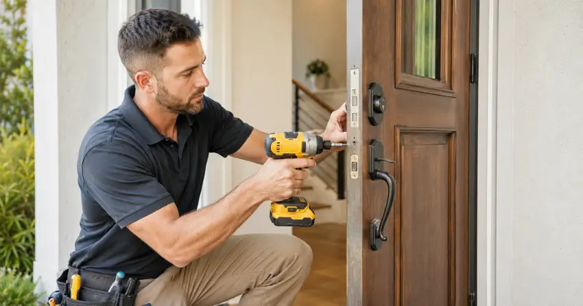 locksmith installing new deadbolt lock on front door in Brookfield, Brantford