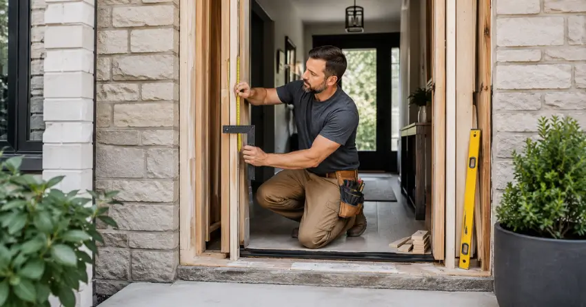 exterior door installer assessing rough opening in McGuiness, Brantford