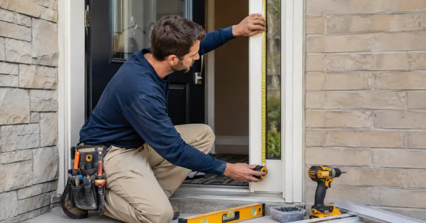 technician measuring door frame before storm door install in Mayfair, Brantford
