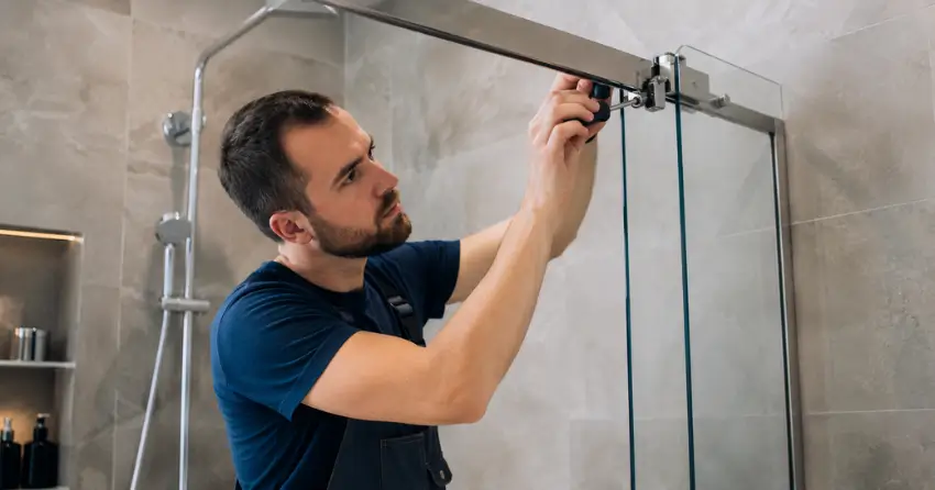 technician adjusting shower door hinge and track in Lansdowne, Brantford