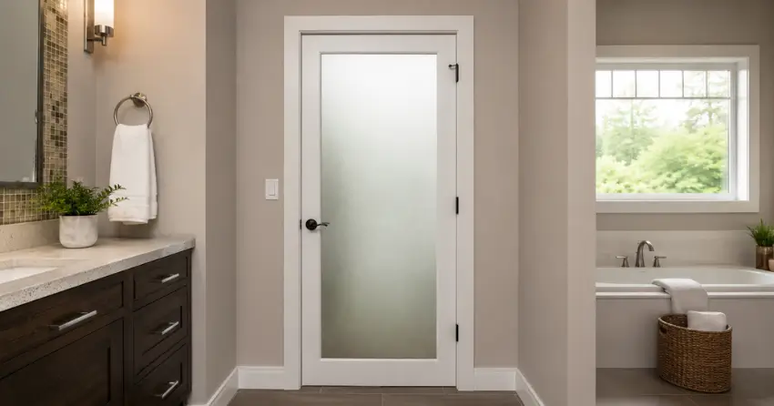 frosted glass panel bathroom door installed in a Lansdowne, Brantford home