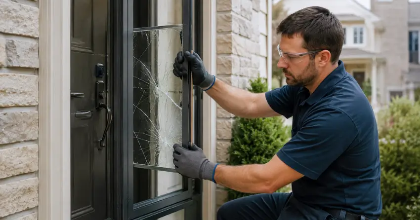 technician removing cracked storm door glass panel in Terrace Hill, Brantford
