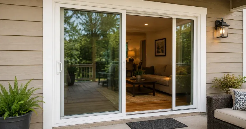 Patio Door Installation technician setting a new frame in Arthur, Brantford