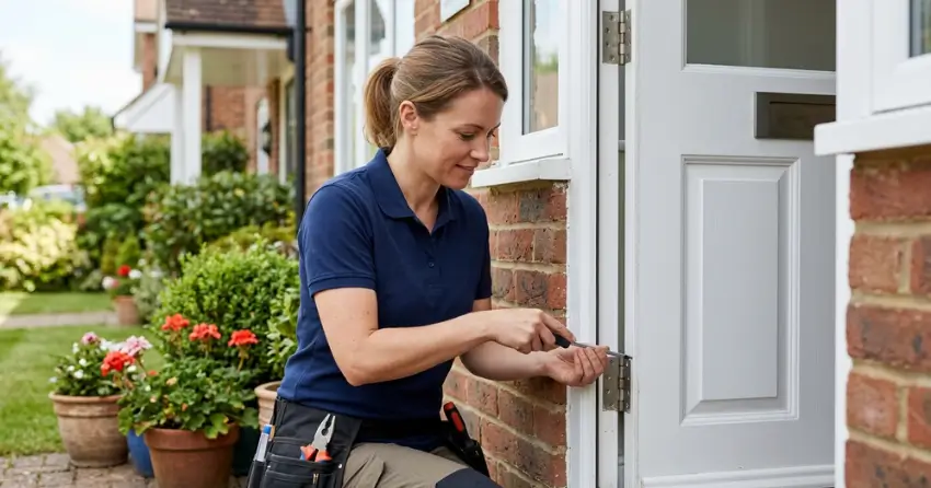 technician repairing exterior door hinge and frame in Brookfield, Brantford