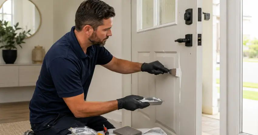 technician repairing fiberglass door surface crack in Cedarland, Brantford