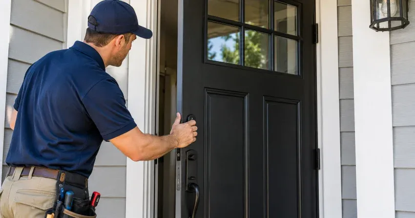 technician adjusting door hinge and strike plate in Myrtleville, Brantford home