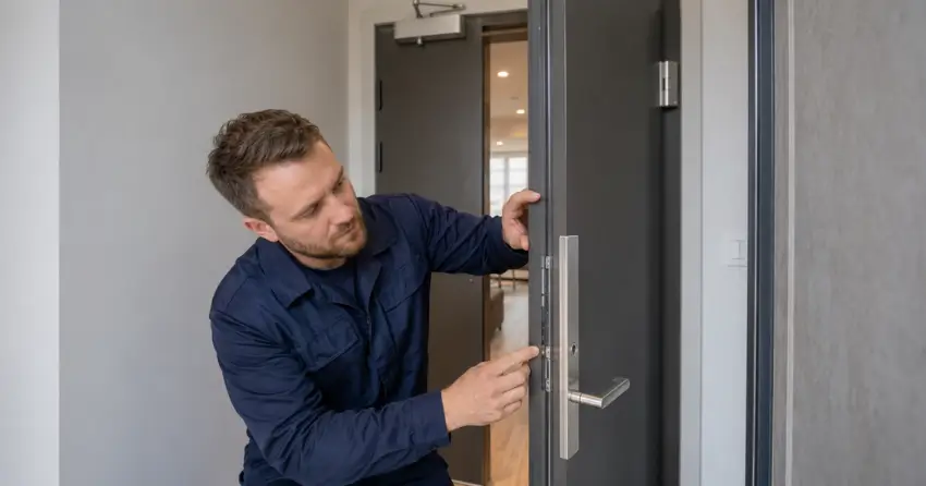 technician inspecting fire-rated door seal and hardware in Mayfair, Brantford