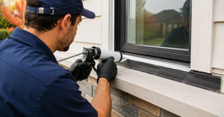technician inspecting window flashing for leak source in Lansdowne, Brantford