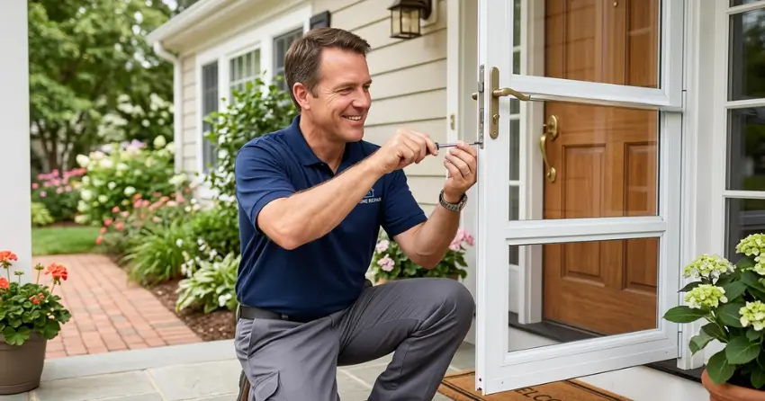 technician adjusting storm door hinge and closer in Abigail-Lyons, Brantford
