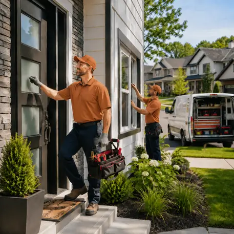 Technicians who live locally working on doors, windows and glazing across the service area